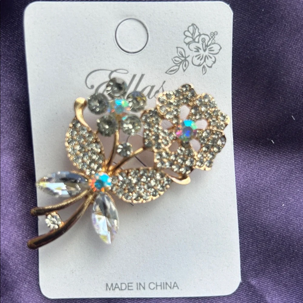 Elegance Crystal Flower Brooch - Gold and Clear